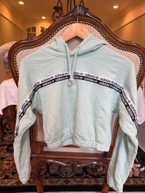 Adidas Mint Green Cropped Hoodie with Logo Tape Trim. Size S